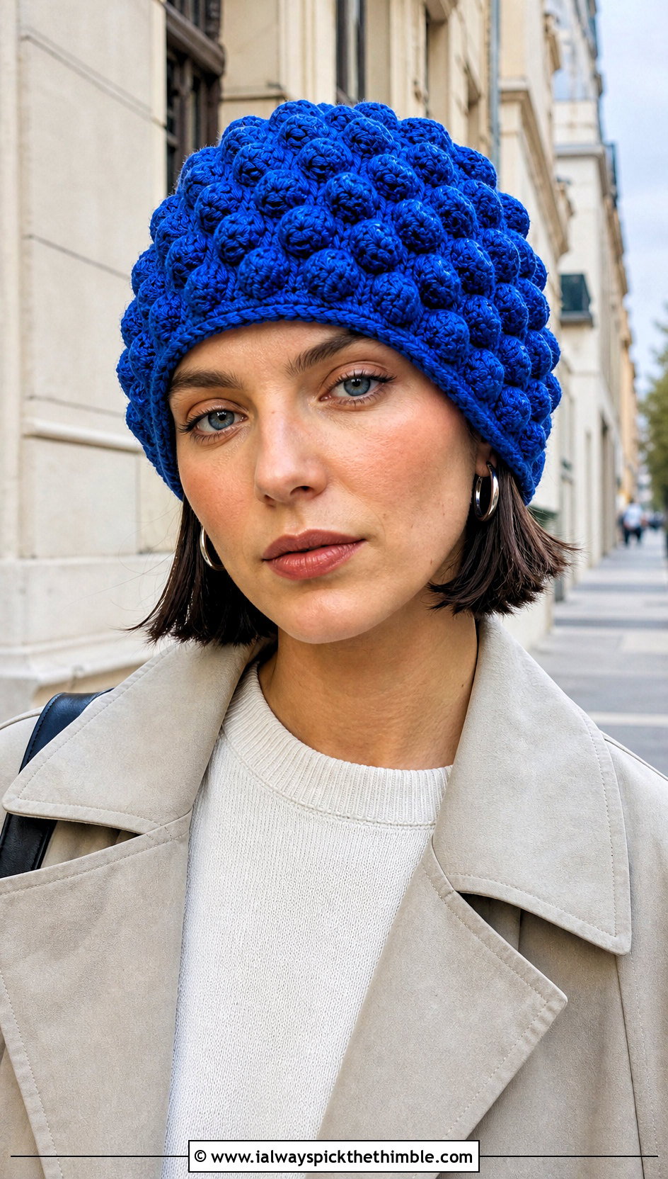 Sculptural Crochet Bubble Toque With Trench Coat - 20 Crochet Bubble Hat outfit ideas