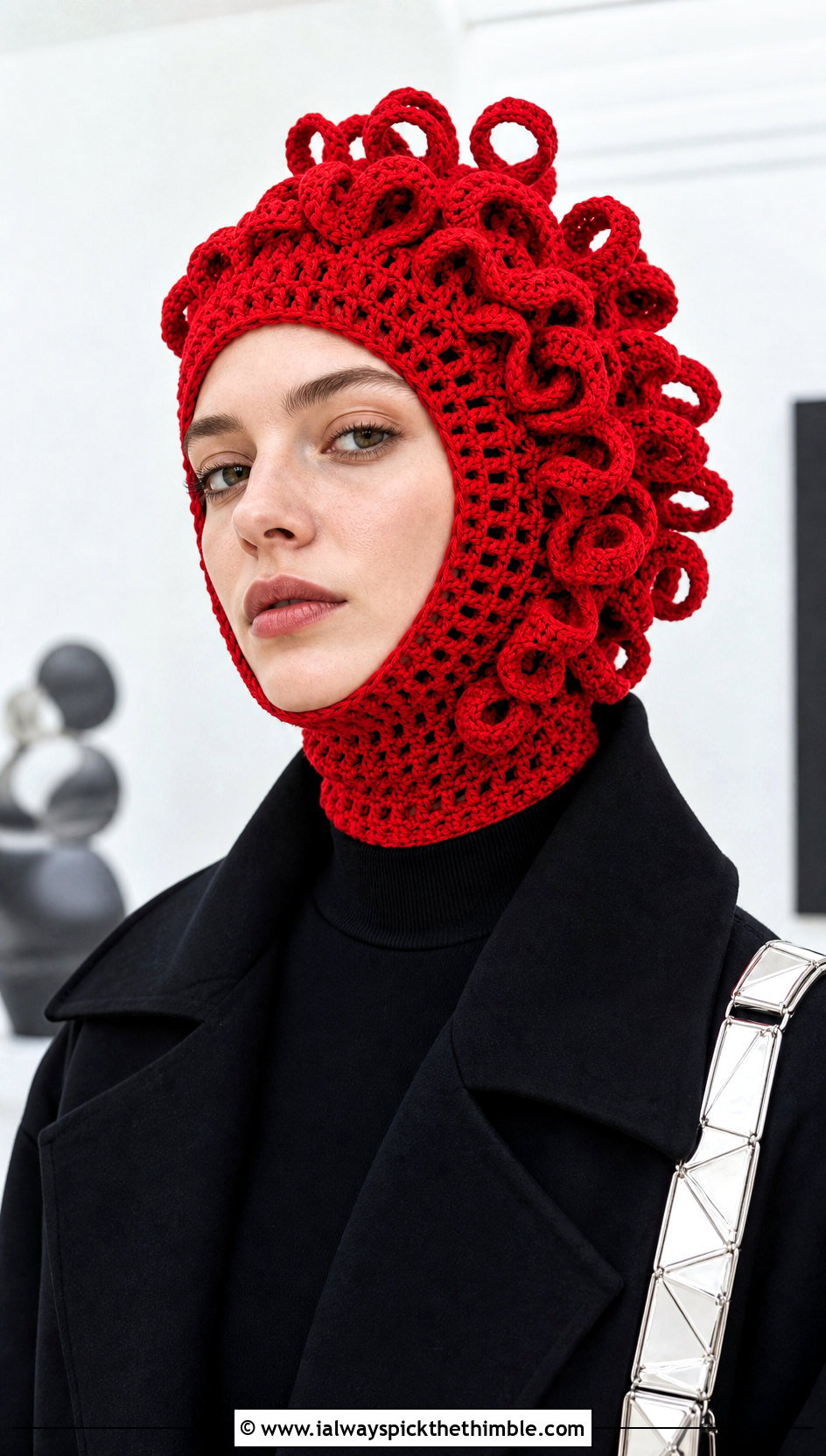 Sculptural Loop Crochet Balaclava With Long Coat - 20 crochet balaclava hat outfit ideas
