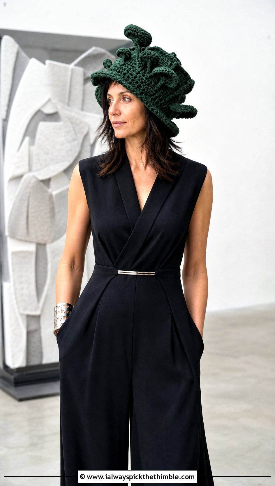 Sculptural Mushroom Crochet Cap With Black Jumpsuit - 25 crochet mushroom hat outfit ideas