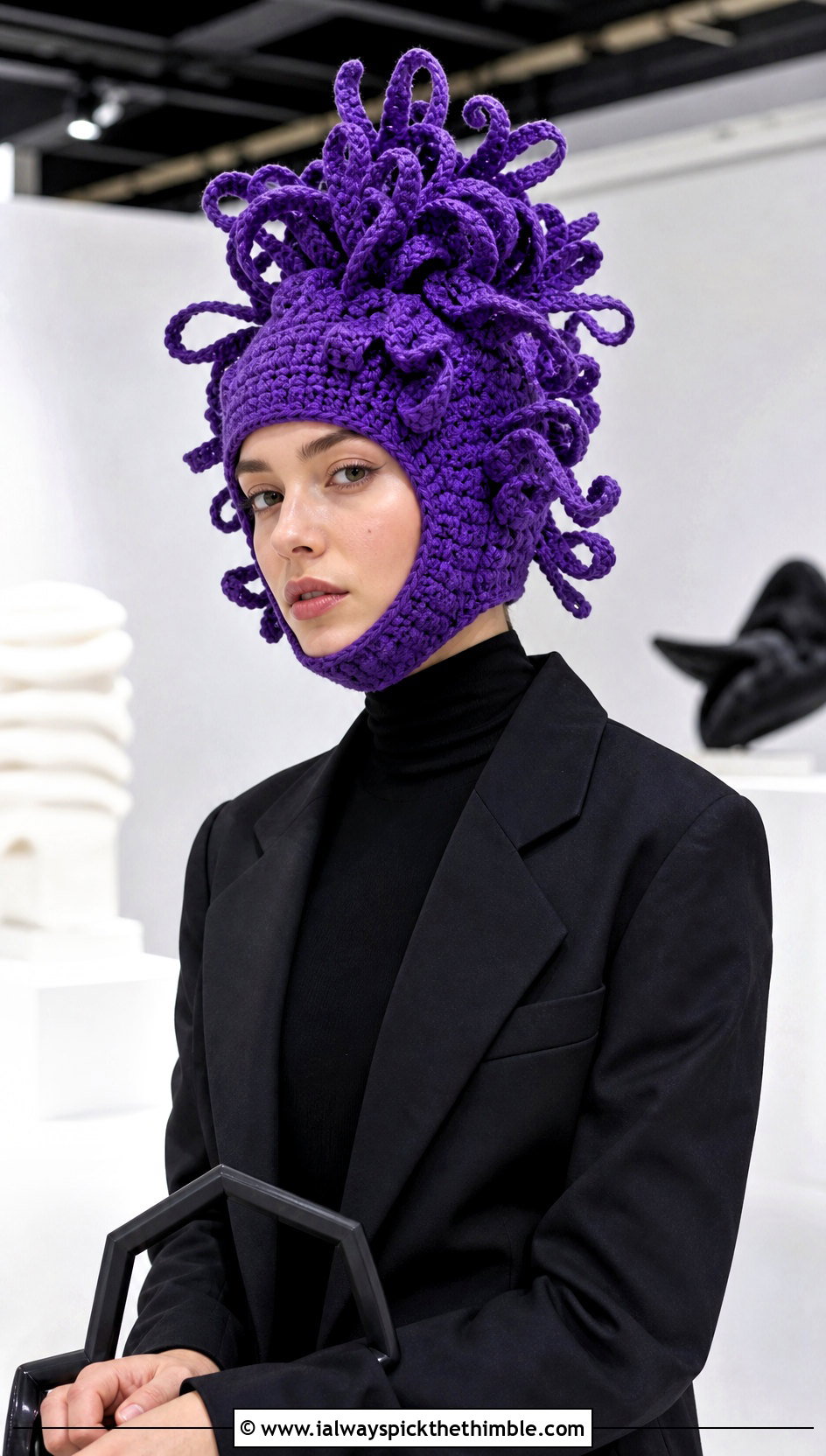 Sculptural Yarn Hair Helmet Balaclava With Minimal Suit - 20 crochet helmet balaclava outfit ideas