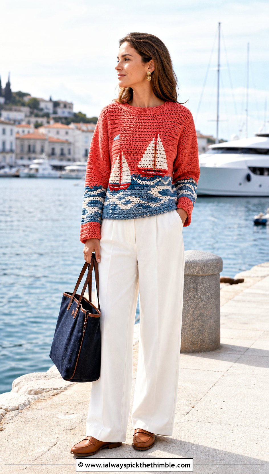Seafarer Tapestry Crochet Sweater With White Trousers - 20 tapestry crochet sweater outfit ideas