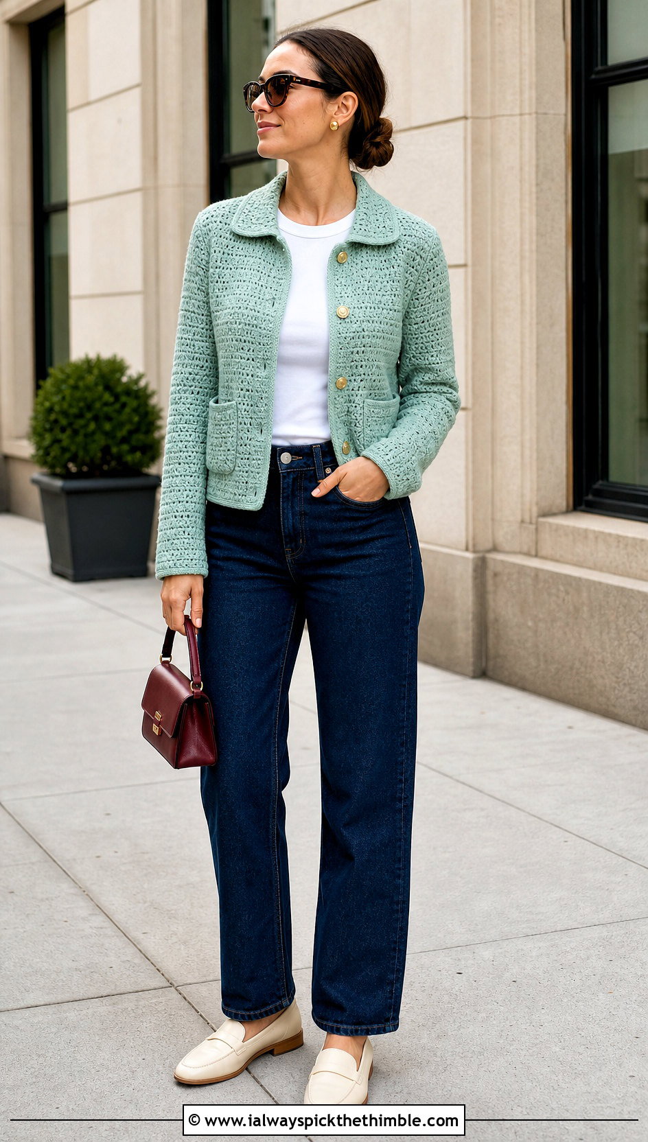 Seafoam Crochet Jacket With Dark Denim - 20 Pastel Crochet Clothes and outfit ideas