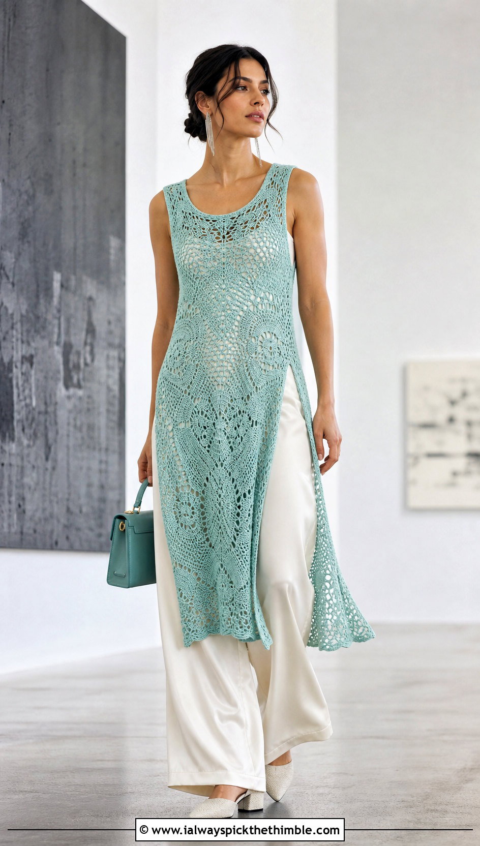 Seafoam Crochet Tunic Dress With Wide Leg Pants - 20 pastel crochet dress outfit ideas