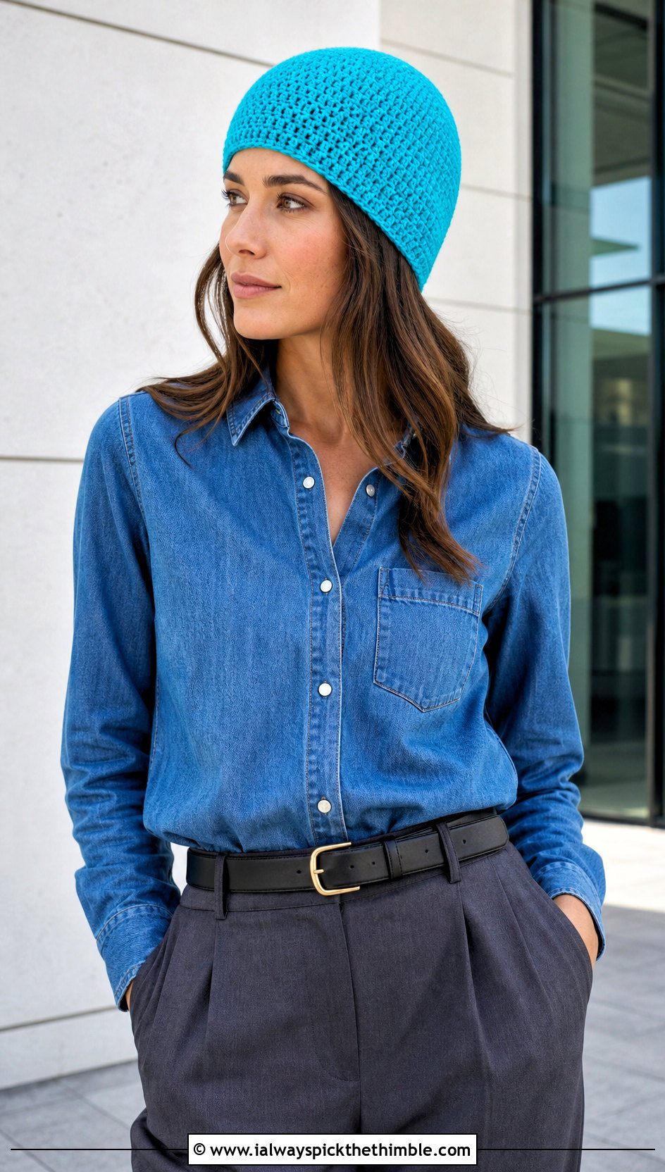 Seamless Crochet Beanie With Denim Shirt And Pleated Trousers - 25 crochet beanie hat outfit ideas