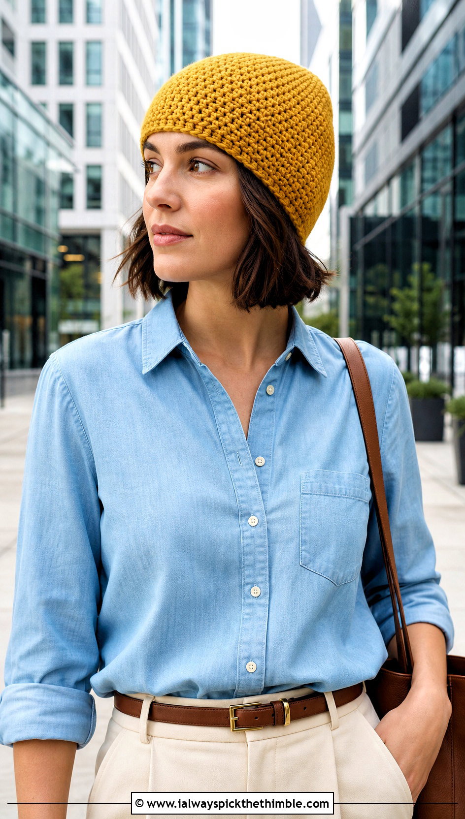 Seamless Crochet Beanie With Denim Shirt And Tailored Pants - 25 easy crochet beanie outfit ideas