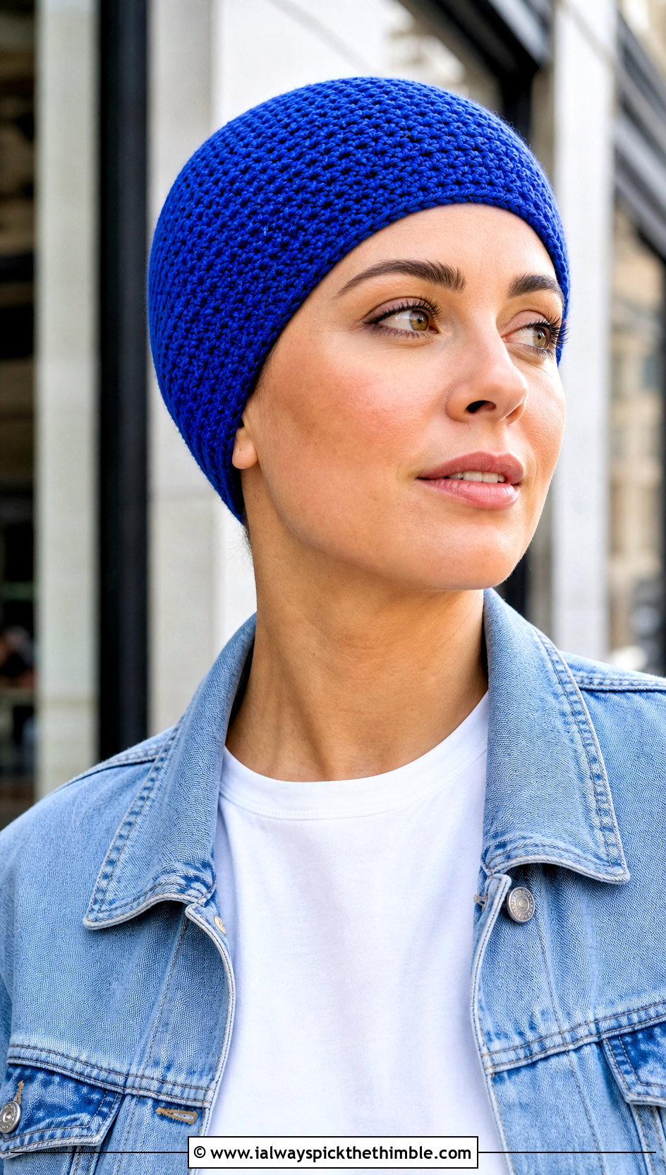 Seamless Crochet Chemo Beanie With Denim Jacket - 20 Crochet Summer Chemo Caps outfit ideas