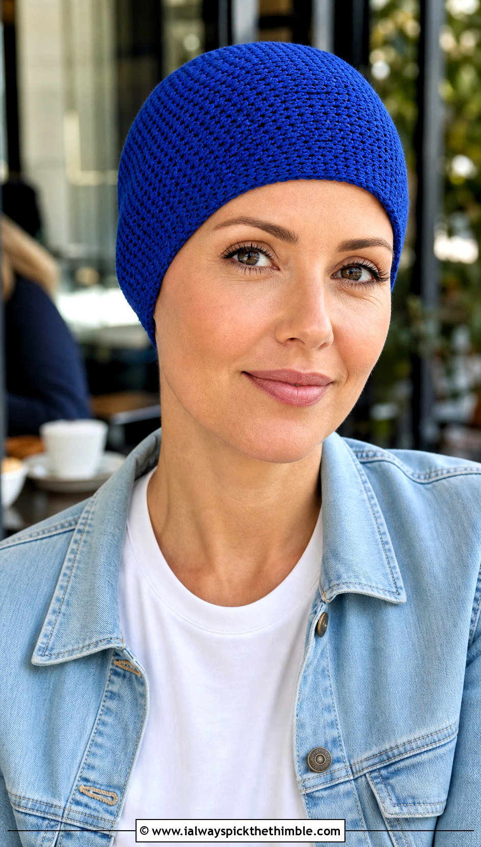 Seamless Crochet Chemo Beanie With Denim Jacket - 20 Easy Crochet Chemo Hats outfit ideas