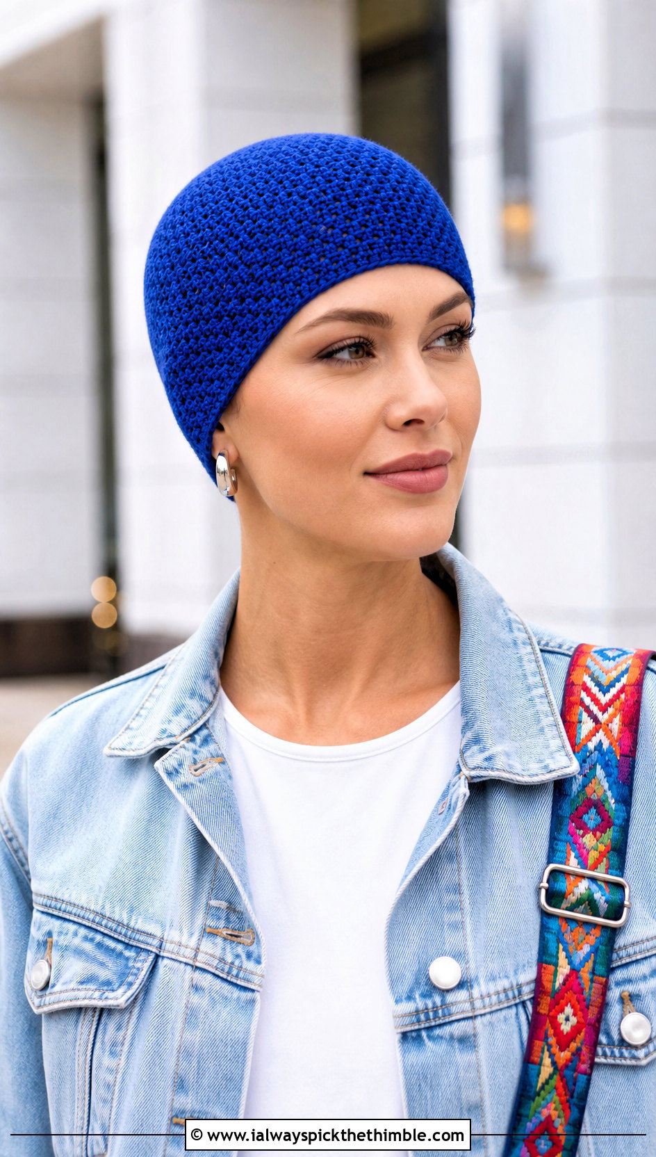 Seamless Crochet Chemo Beanie With Denim Jacket - 20 crochet chemo hat outfit ideas