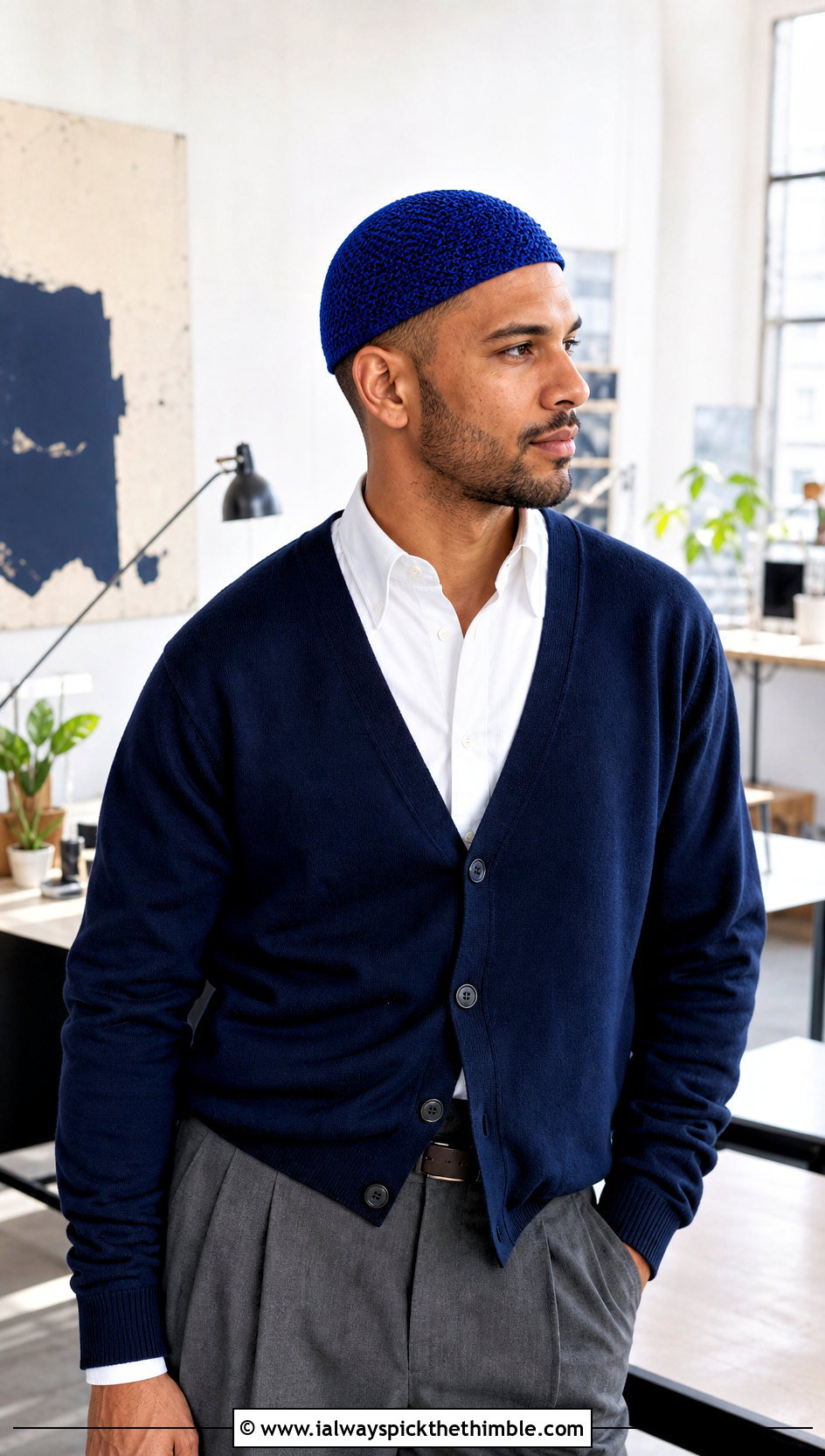 Seamless Crochet Skull Cap With Cardigan And Trousers - 20 Crochet Skull Cap For Men outfit ideas