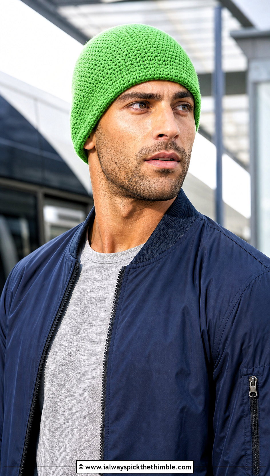 Seamless Fitted Crochet Beanie With Bomber Jacket - 20 easy crochet beanie for men outfit ideas