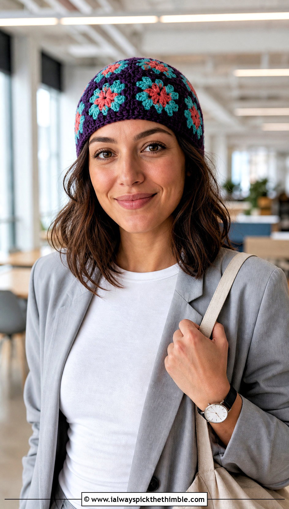 Seamless Granny Square Beanie With Blazer And Joggers - 25 crochet granny square beanie outfit ideas