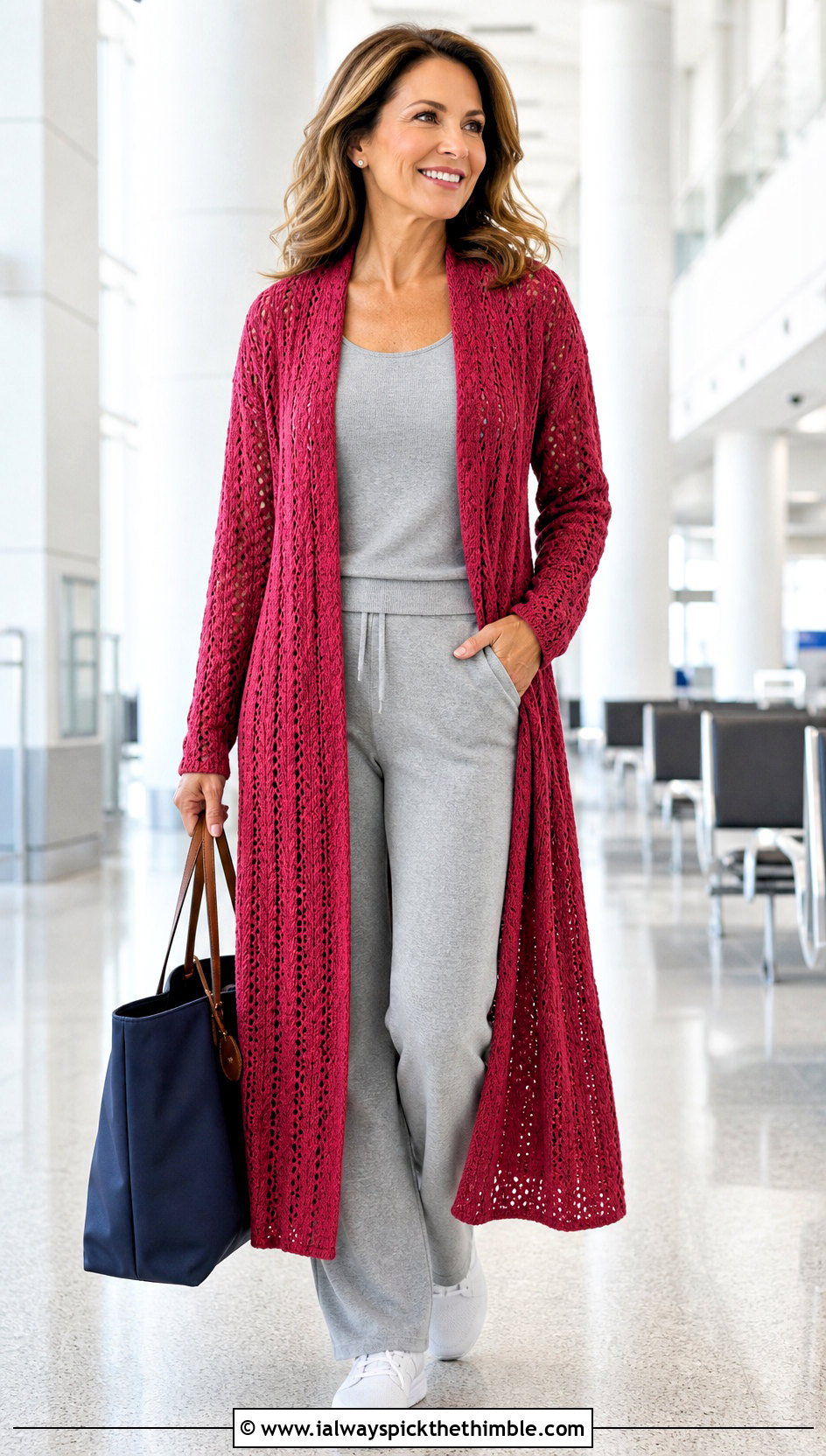 Seamless Long Crochet Cardigan With Matching Knit Set - 20 long crochet cardigan outfit ideas