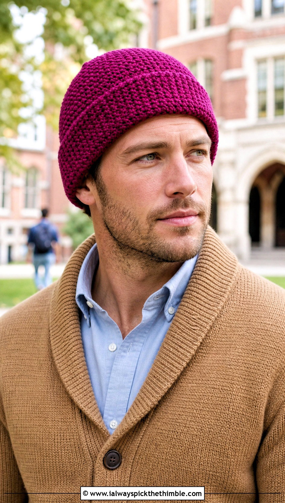Seed Stitch Crochet Beanie With Cardigan - 25 Men Crochet Beanie outfit ideas