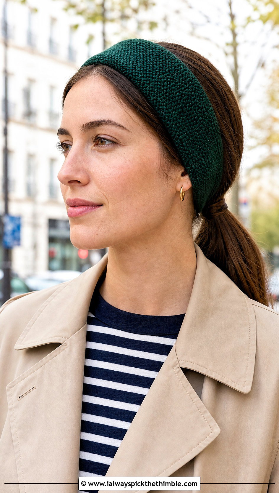 Seed Stitch Knit Headband With Trench Coat - 15 knit or crochet headbands outfit ideas