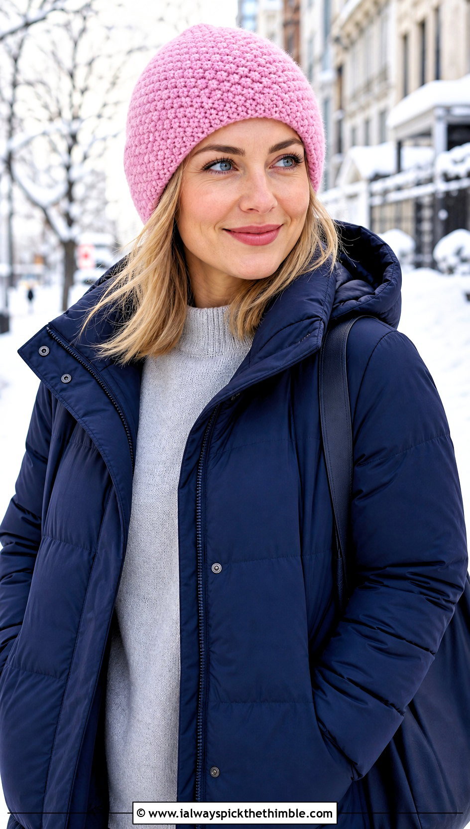 Seed Stitch Knit Look Beanie With Puffer Coat - 15 Crochet Hat That Looks Knitted outfit ideas
