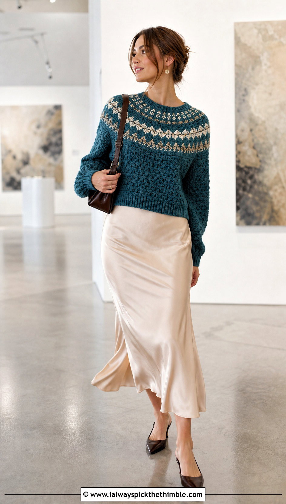 Selburose Yoke Norwegian Crochet Sweater With Satin Midi Skirt - 20 Norwegian Crochet Sweater outfit ideas