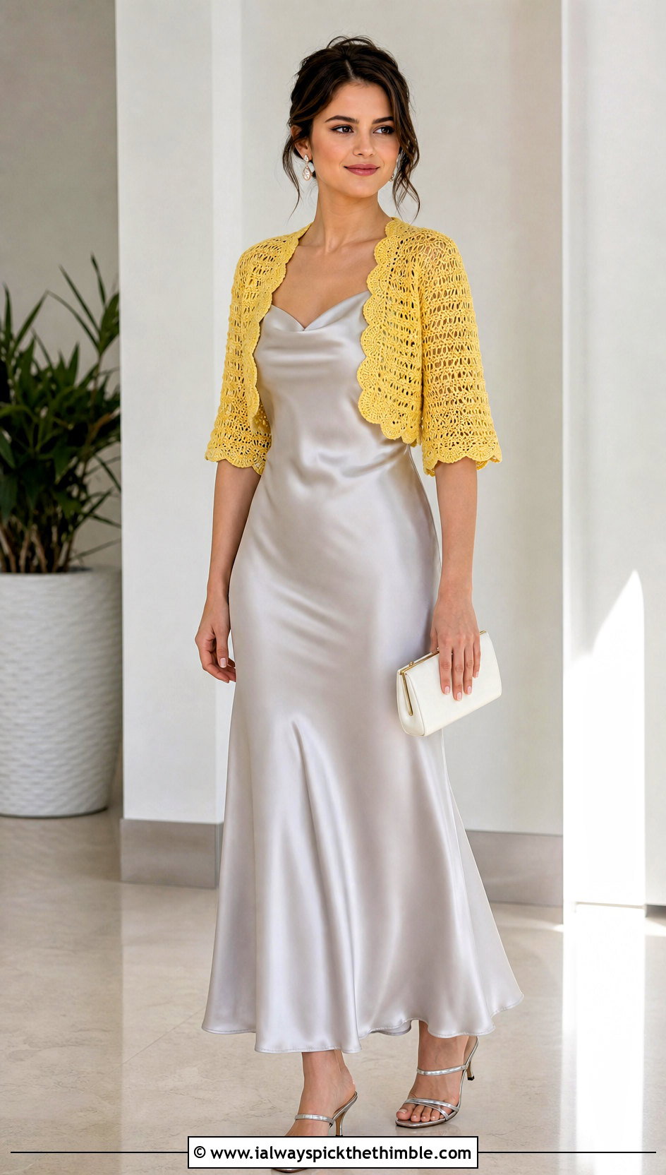 Selena Gomez Crochet Bolero With Satin Slip Dress - 20 Celebrities Crochet Outfit ideas