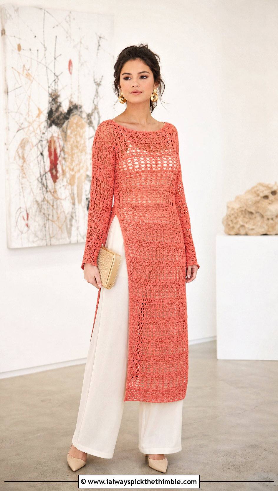 Selena Gomez Crochet Tunic Dress With Wide Leg Pants - 20 Selena Gomez Crochet Dress outfit ideas
