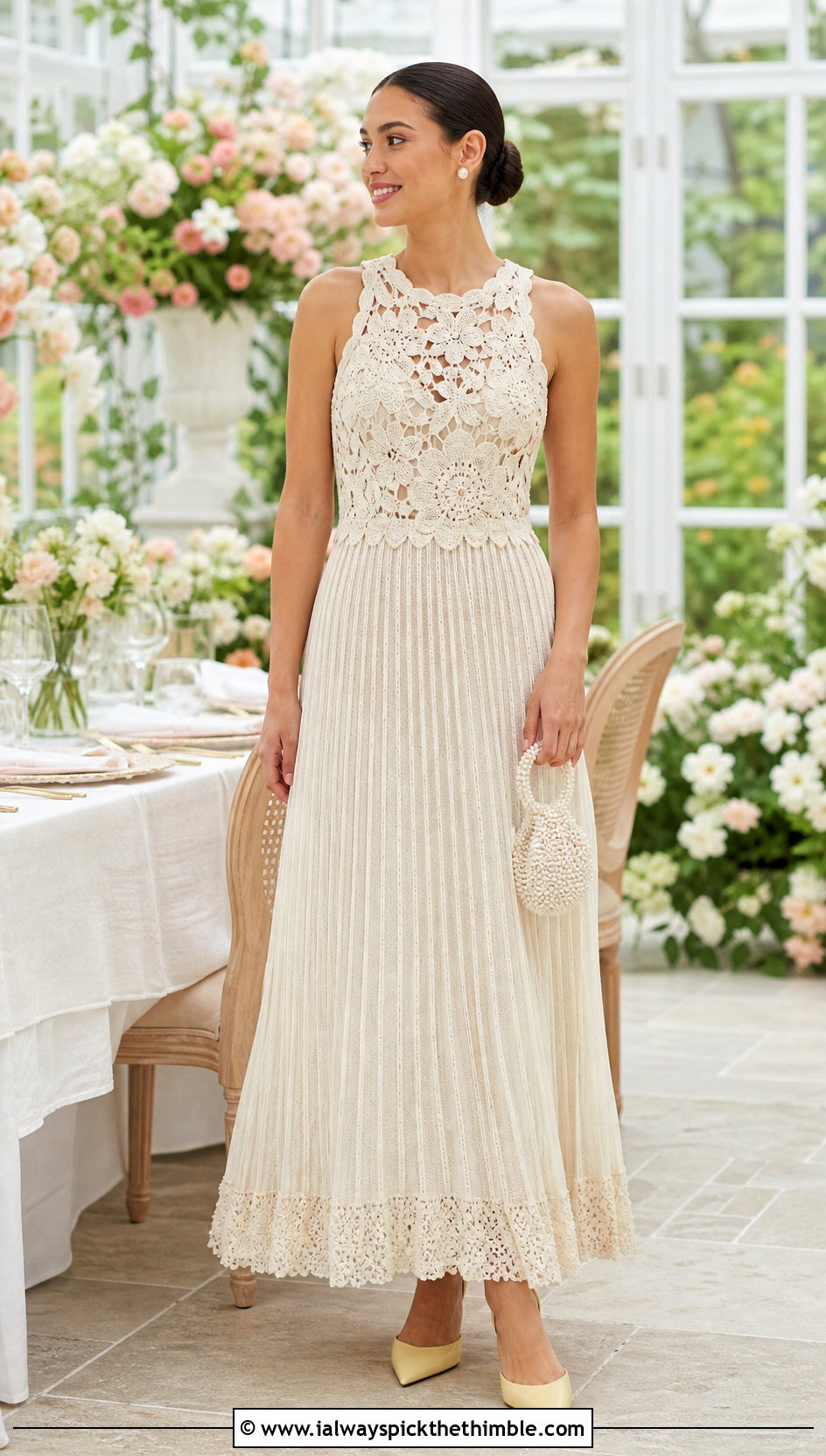 Self Portrait Pleated Crochet Floral Maxi Dress With A Pearl Bag - 15 Self Portrait Pleated Crochet Floral Maxi Dress outfit ideas