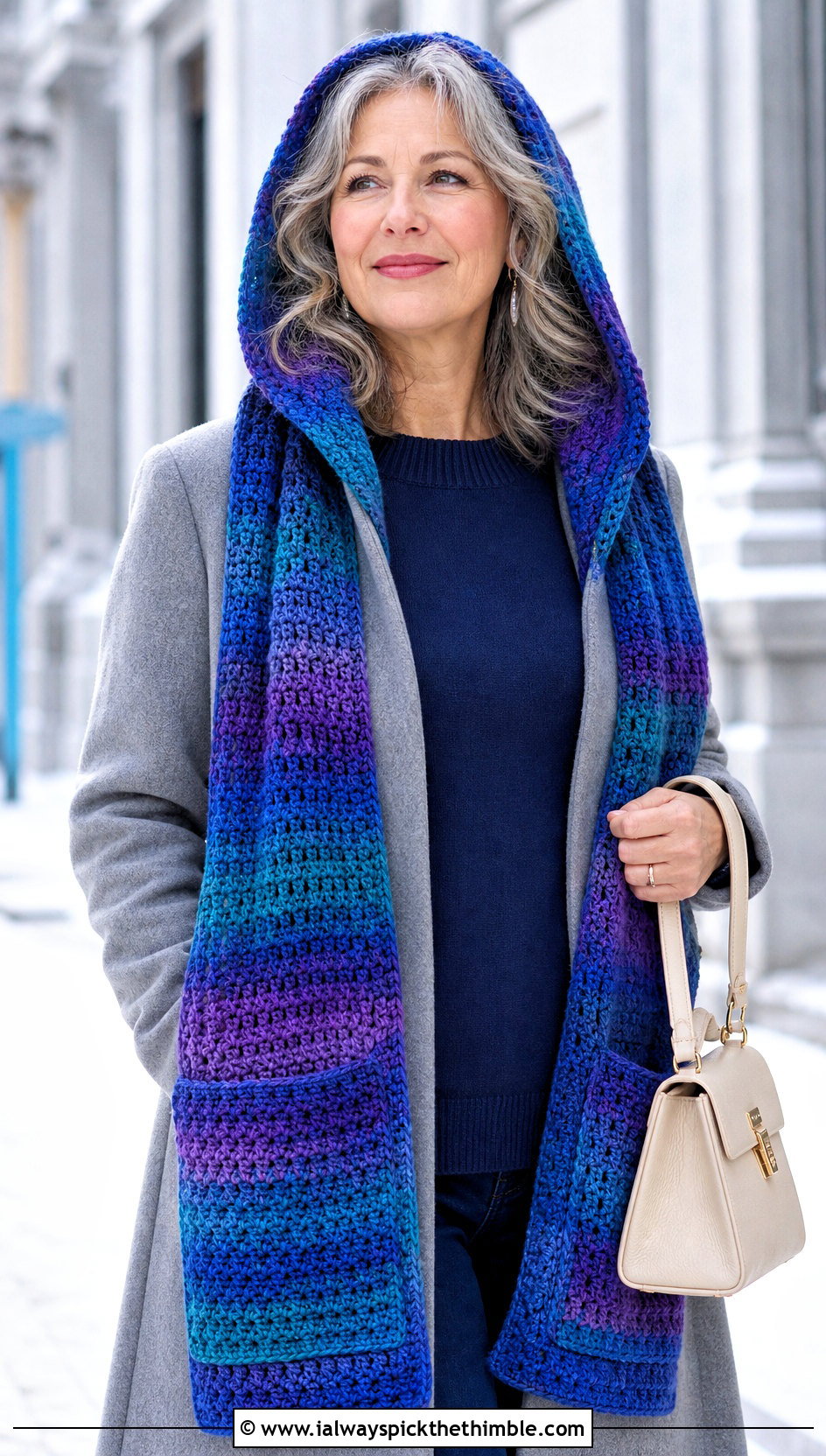 Self Striping Crochet Hooded Pocket Scarf With Wool Coat - 20 crochet hooded pocket scarf outfit ideas