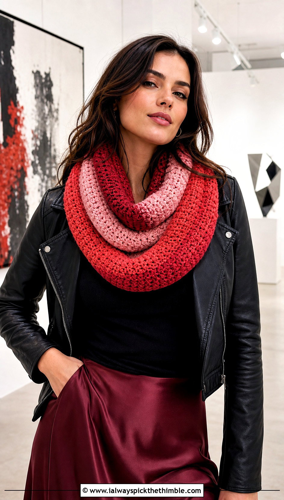 Self Striping Crochet Infinity Scarf With Leather Jacket - 15 Striped Crochet Infinity Scarf outfit ideas