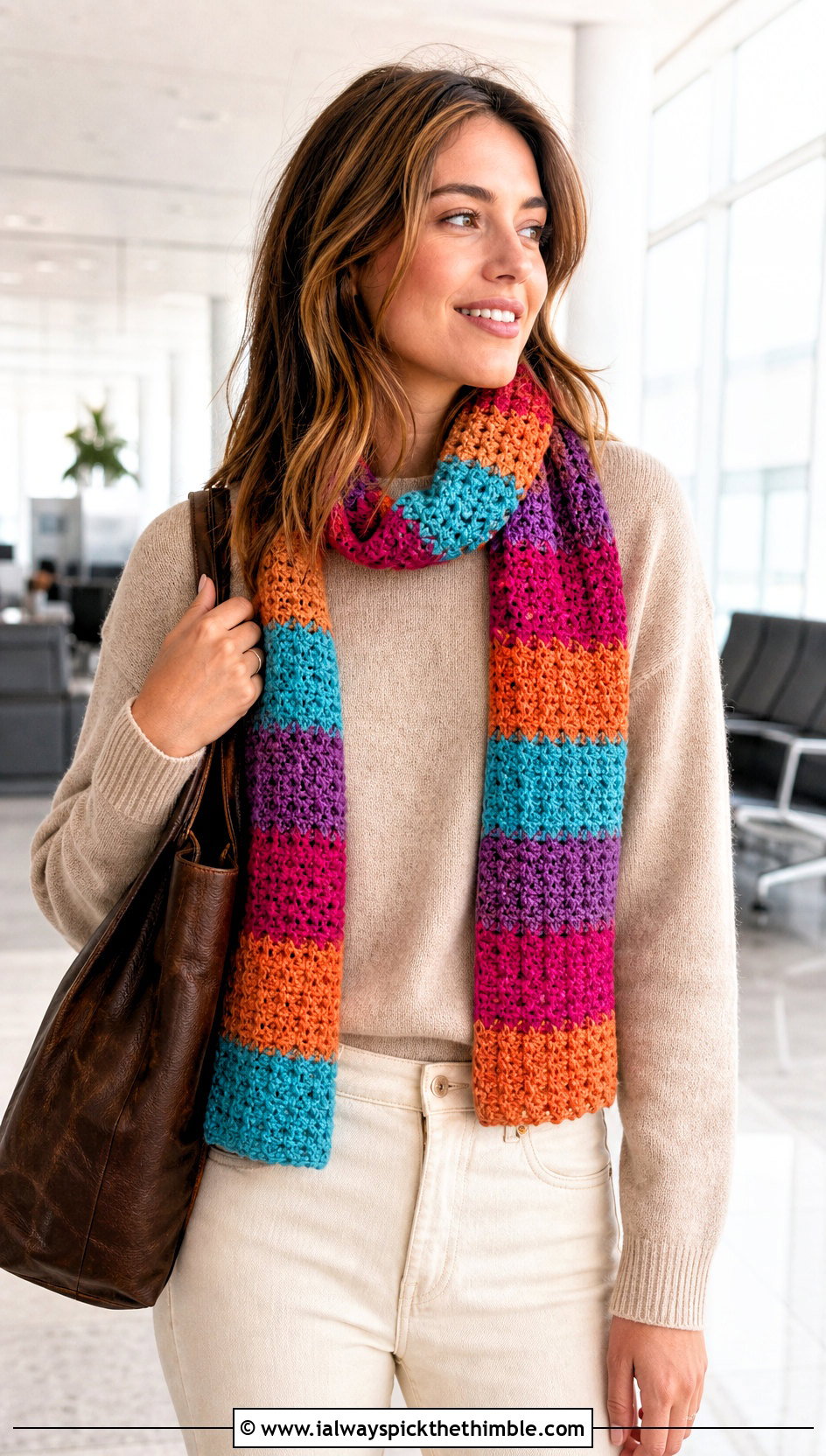 Self Striping Crochet Scarf With Neutral Sweater - 25 easy one skein crochet scarf outfit ideas
