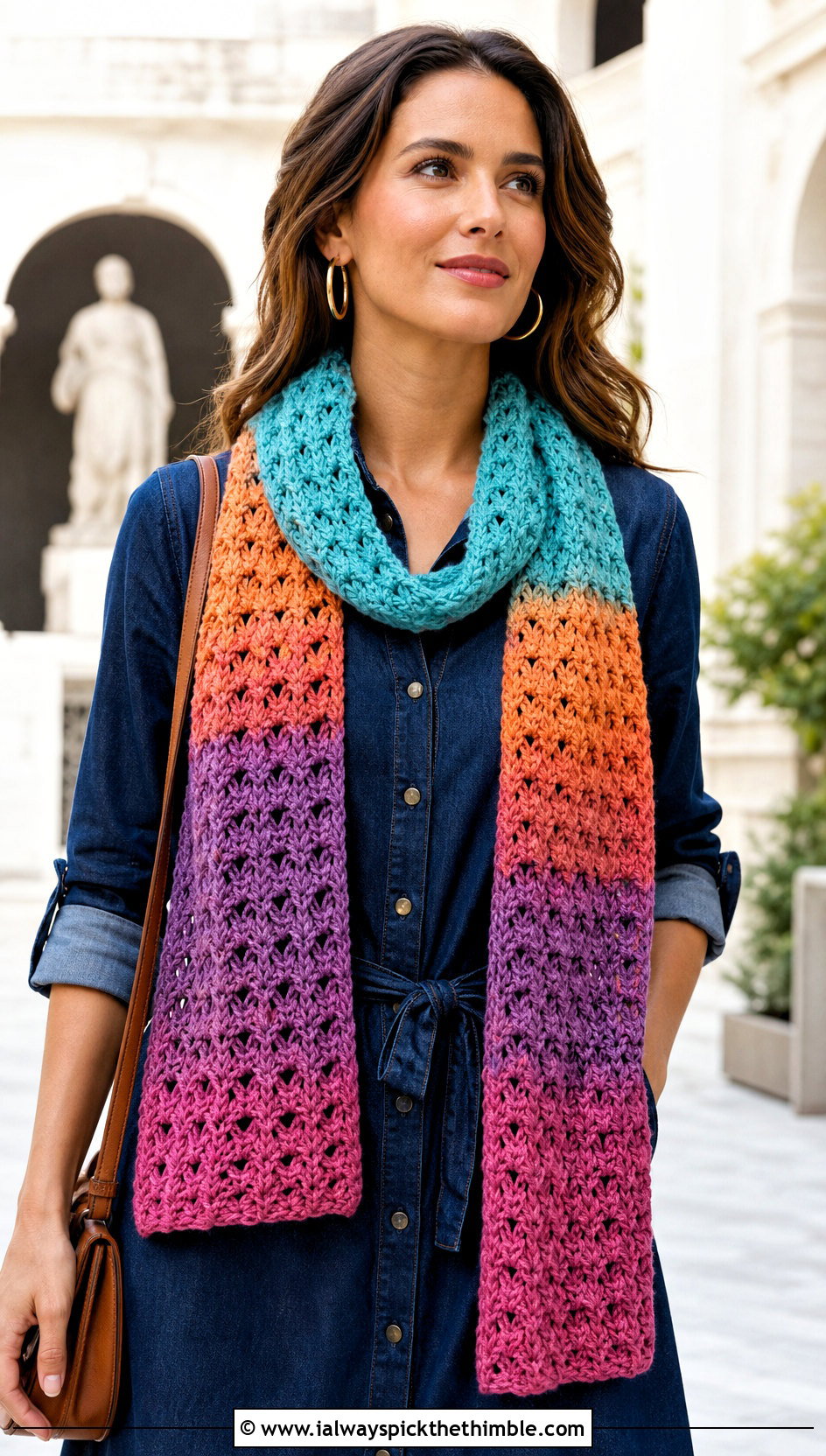 Self Striping V Stitch Scarf With Denim Dress - 20 crochet v stitch scarf outfit ideas