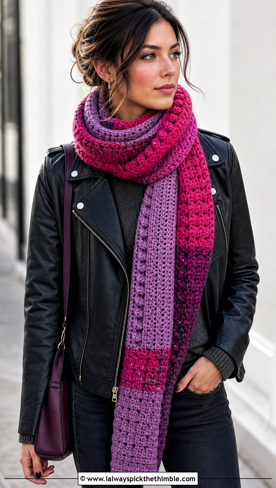 Self Striping Winter Wishes Crochet Scarf With Leather Jacket - 15 Winter Wishes Crochet Scarf outfit ideas