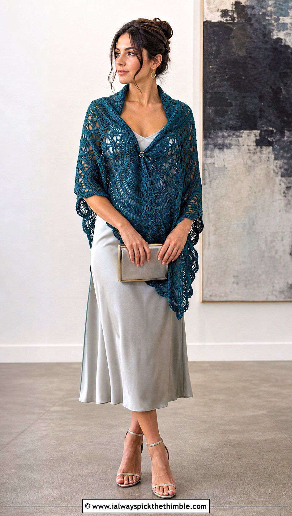 Semicircle Crochet Mandala Shawl With Satin Slip Dress - 20 Crochet Mandala Shawl outfit ideas