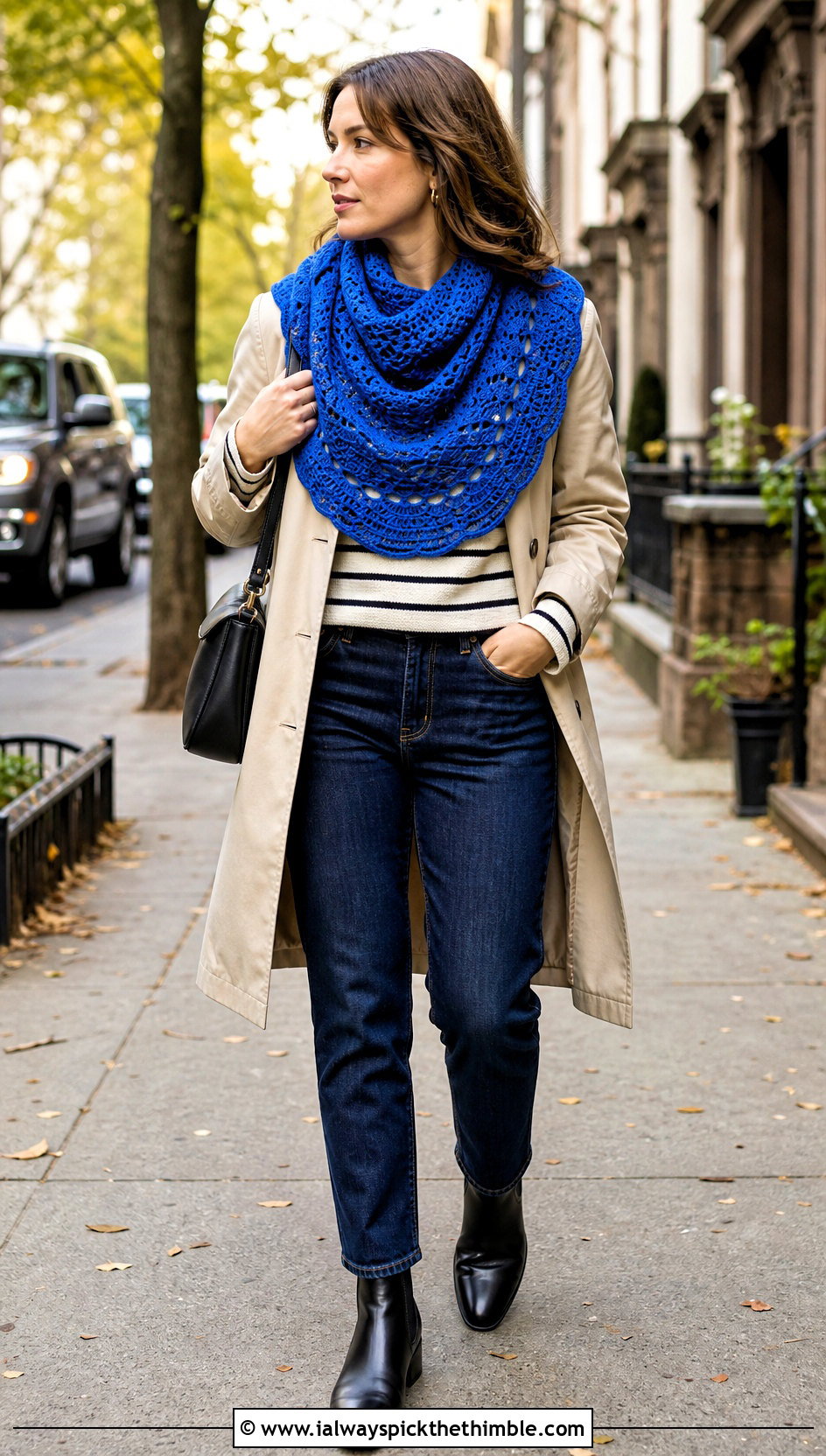 Semicircle Crochet Shawl With A Trench Coat - 20 Fall Crochet Shawl outfit ideas