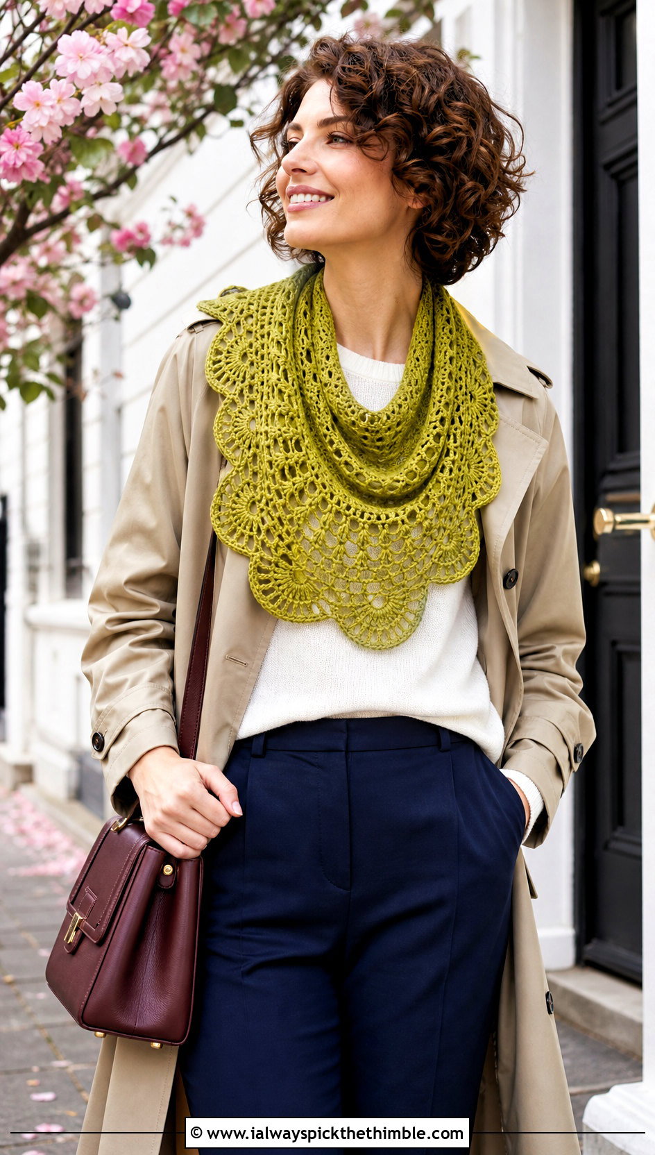 Semicircle Crochet Shawl With Trench Coat And Trousers - 25 crochet shawl outfit ideas
