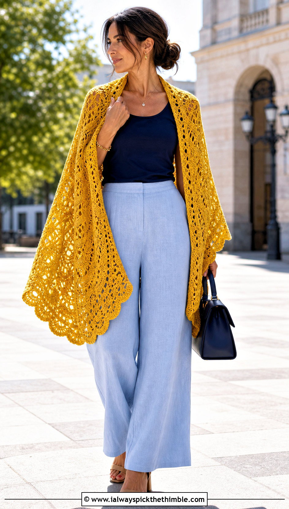 Semicircle Crochet Shawl With Wide Leg Pants - 20 summer crochet shawl outfit ideas