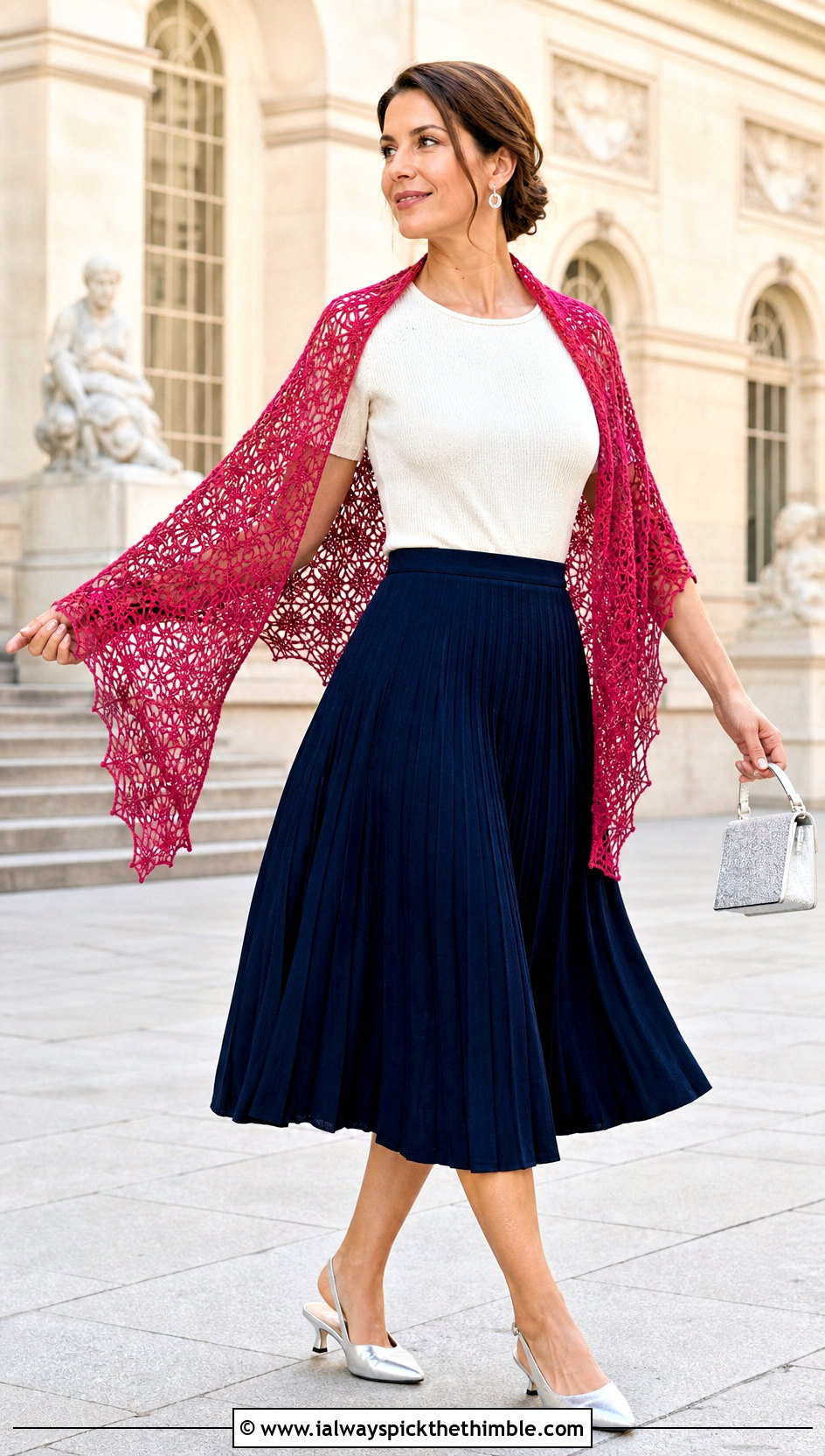 Semicircle Crochet Spiderweb Shawl With Pleated Midi Skirt - 20 Crochet Spiderweb Shawl outfit ideas
