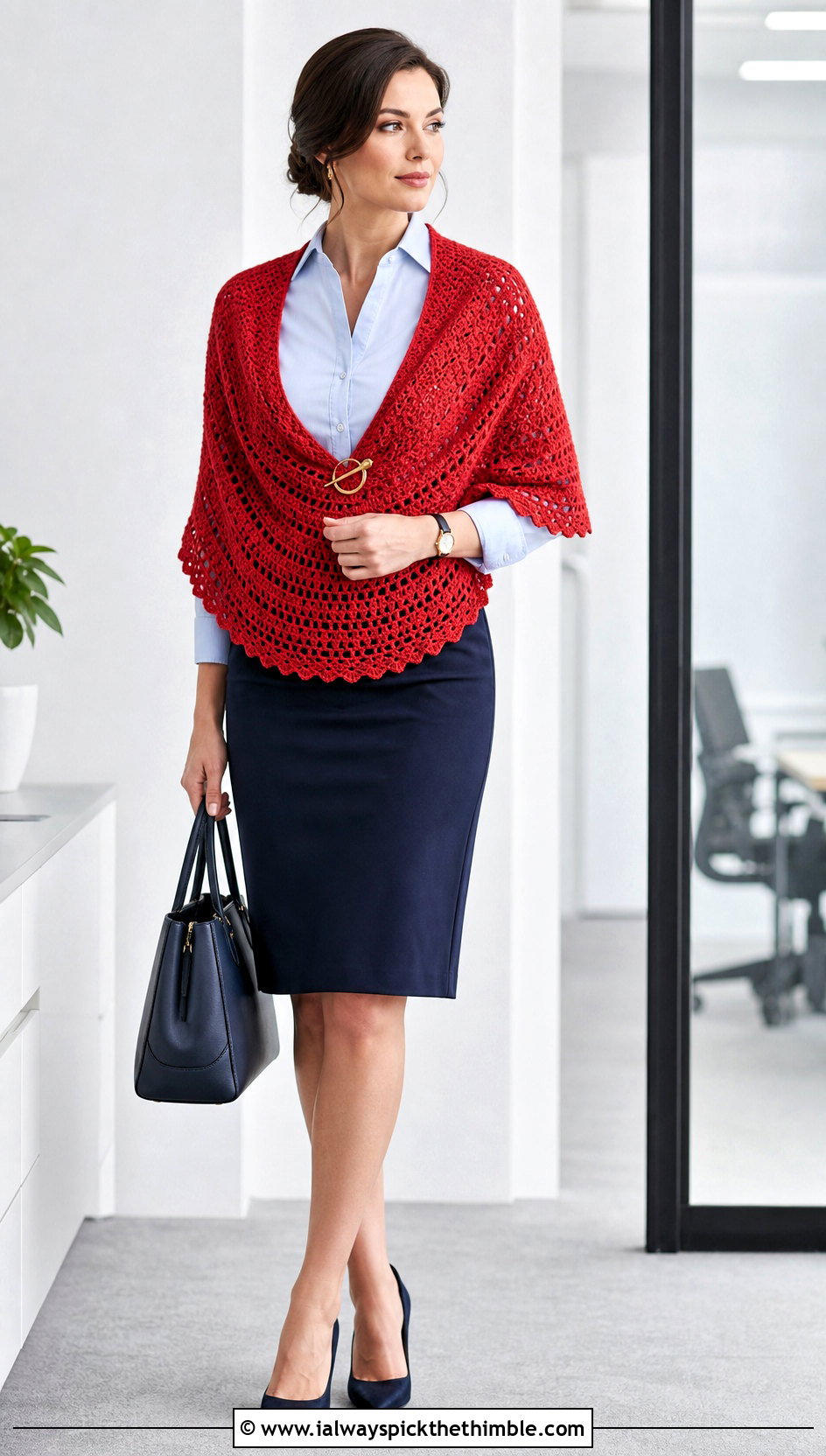 Semicircle Double Crochet Shawl With Pencil Skirt - 20 Double Crochet Shawl outfit ideas