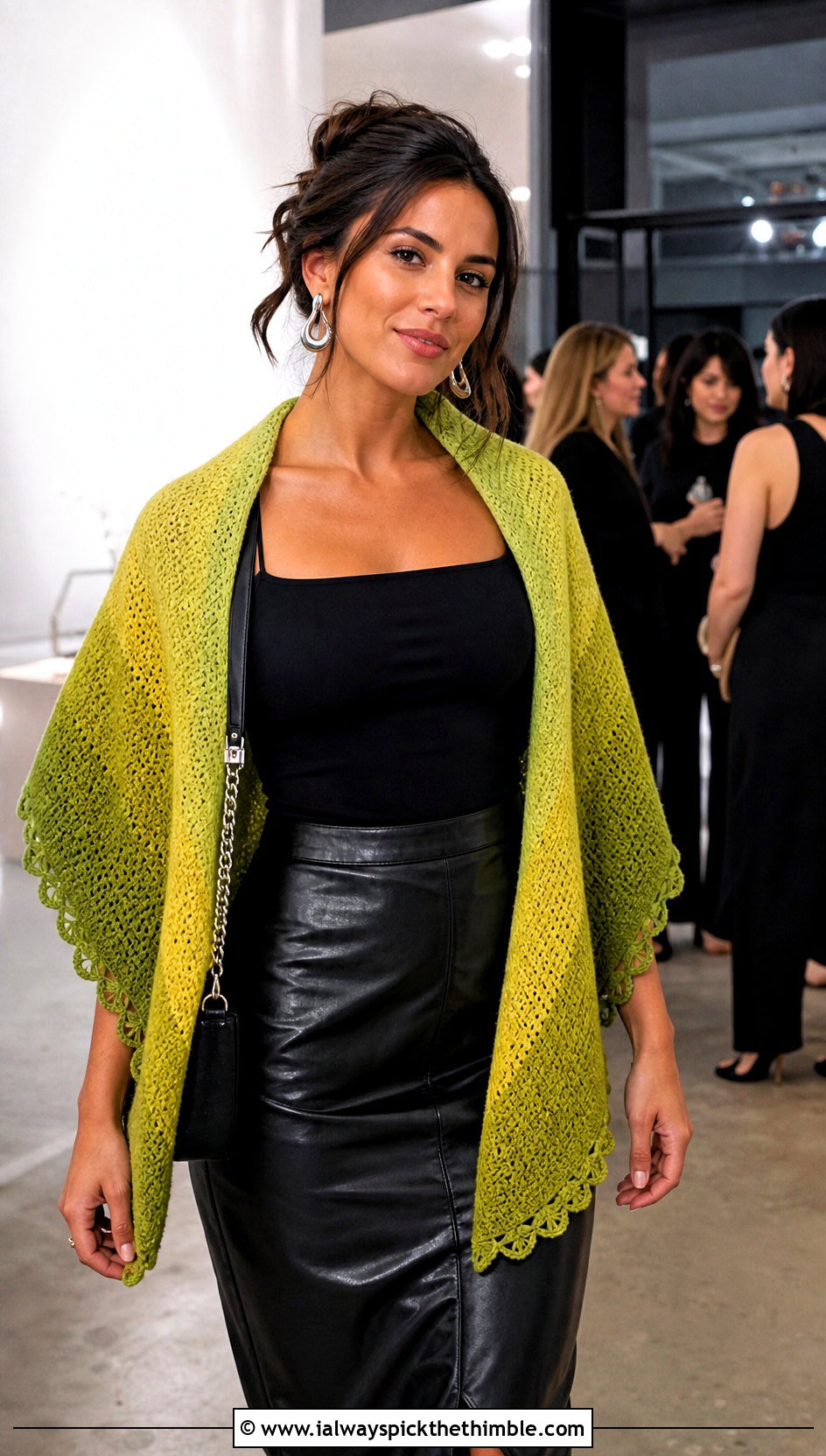 Semicircle Gradient Shawl With Leather Midi Skirt - 15 Crochet Gradient Shawl outfit ideas