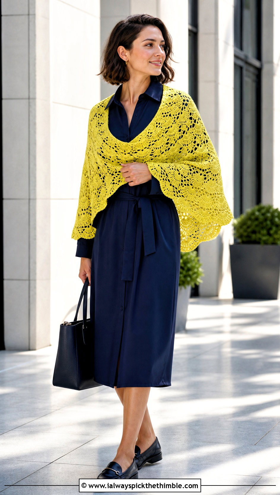 Semicircle Lace Crochet Shawl With Shirt Dress - 20 Lacey Crochet Shawls outfit ideas
