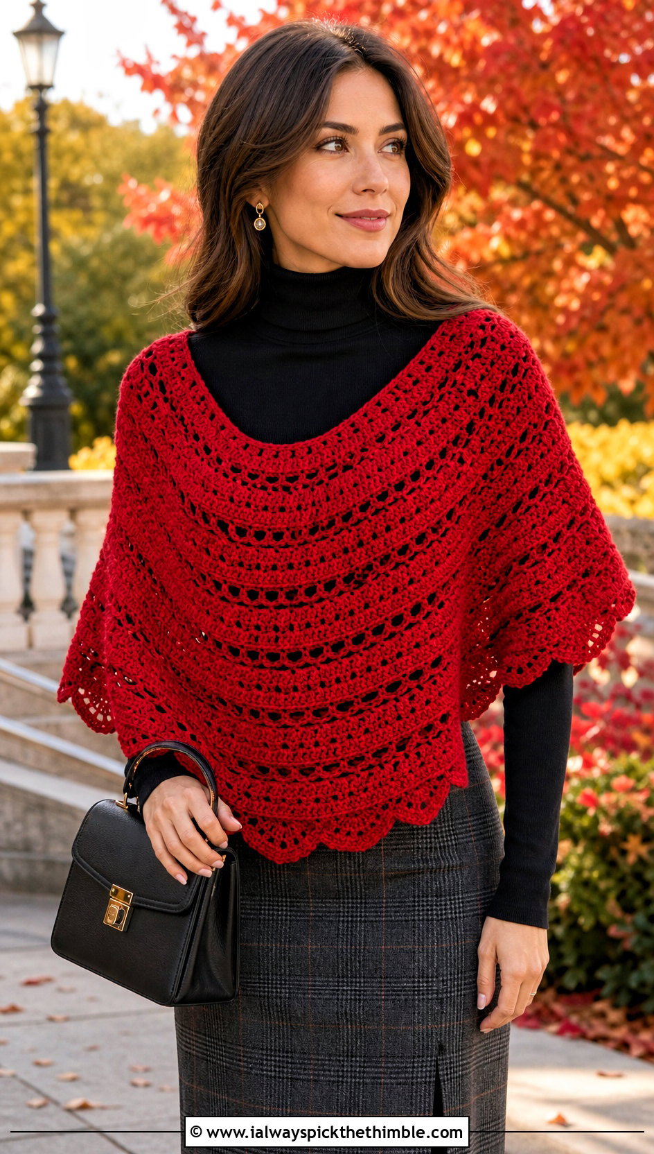 Semicircle Red Crochet Shawl With Turtleneck And Plaid Skirt - 15 red crochet shawl outfit ideas
