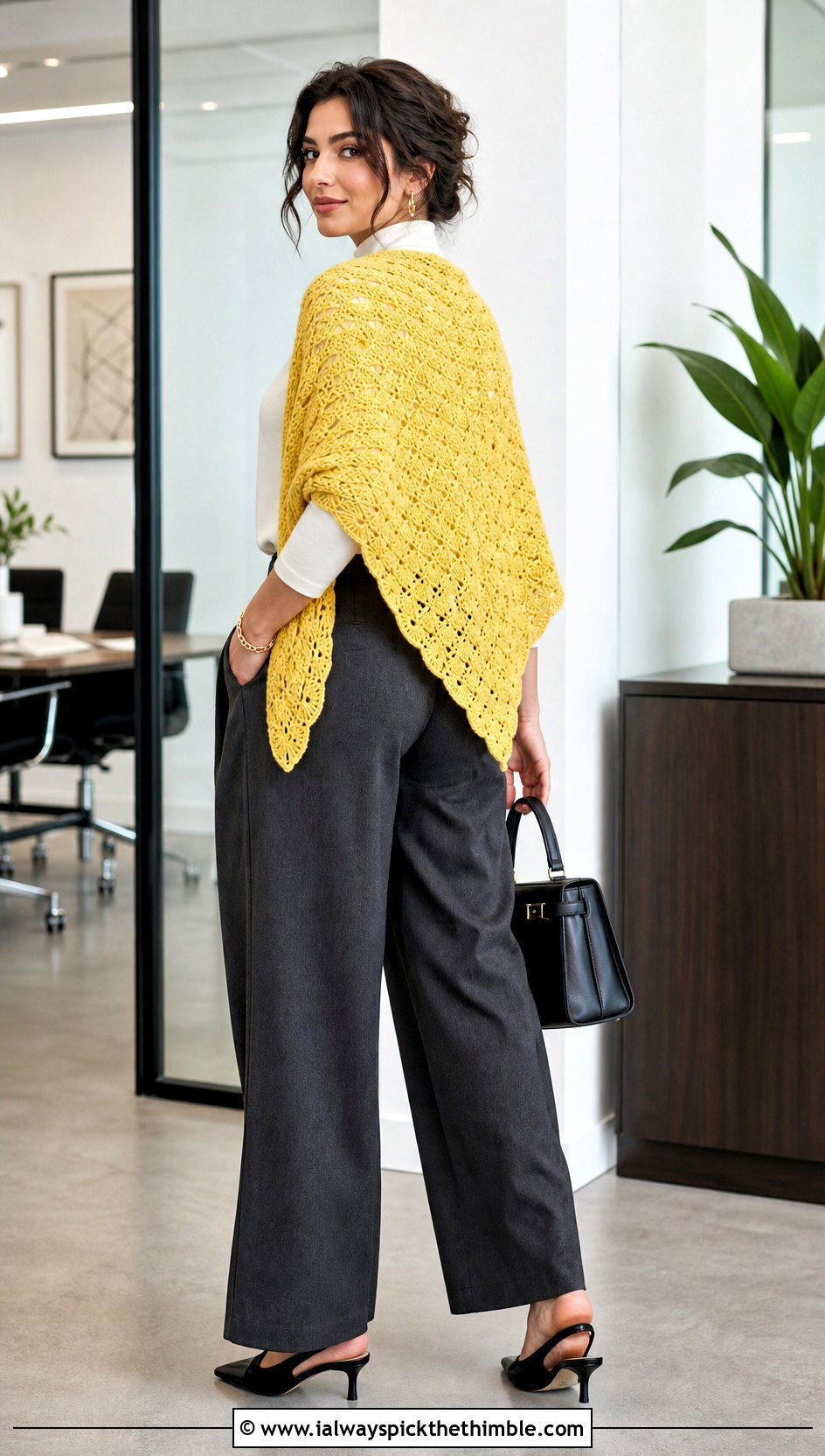 Semicircle Shell Stitch Crochet Shawl With Tailored Trousers - 20 crochet circular shawl outfit ideas