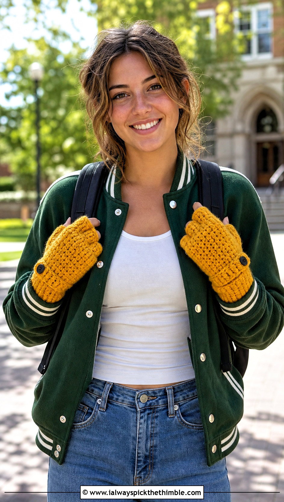 Separate Finger Hooded Crochet Gloves With Varsity Jacket - 15 Convertible Crochet Fingerless Gloves outfit ideas