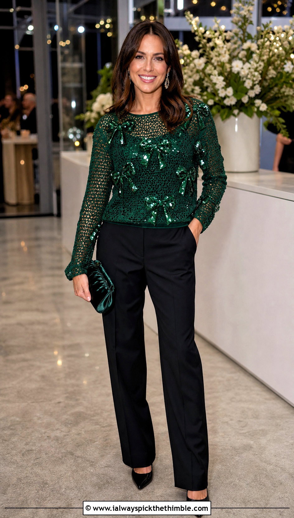 Sequin Bow Crochet Sweater With Tuxedo Pants - 20 crochet bow sweater outfit ideas