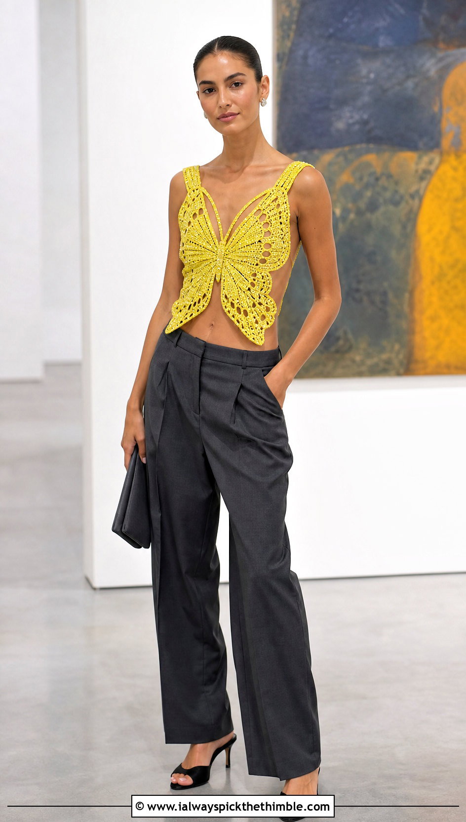 Sequin Crochet Butterfly Top With Suit Pants - 25 Crochet Butterfly Top outfit ideas