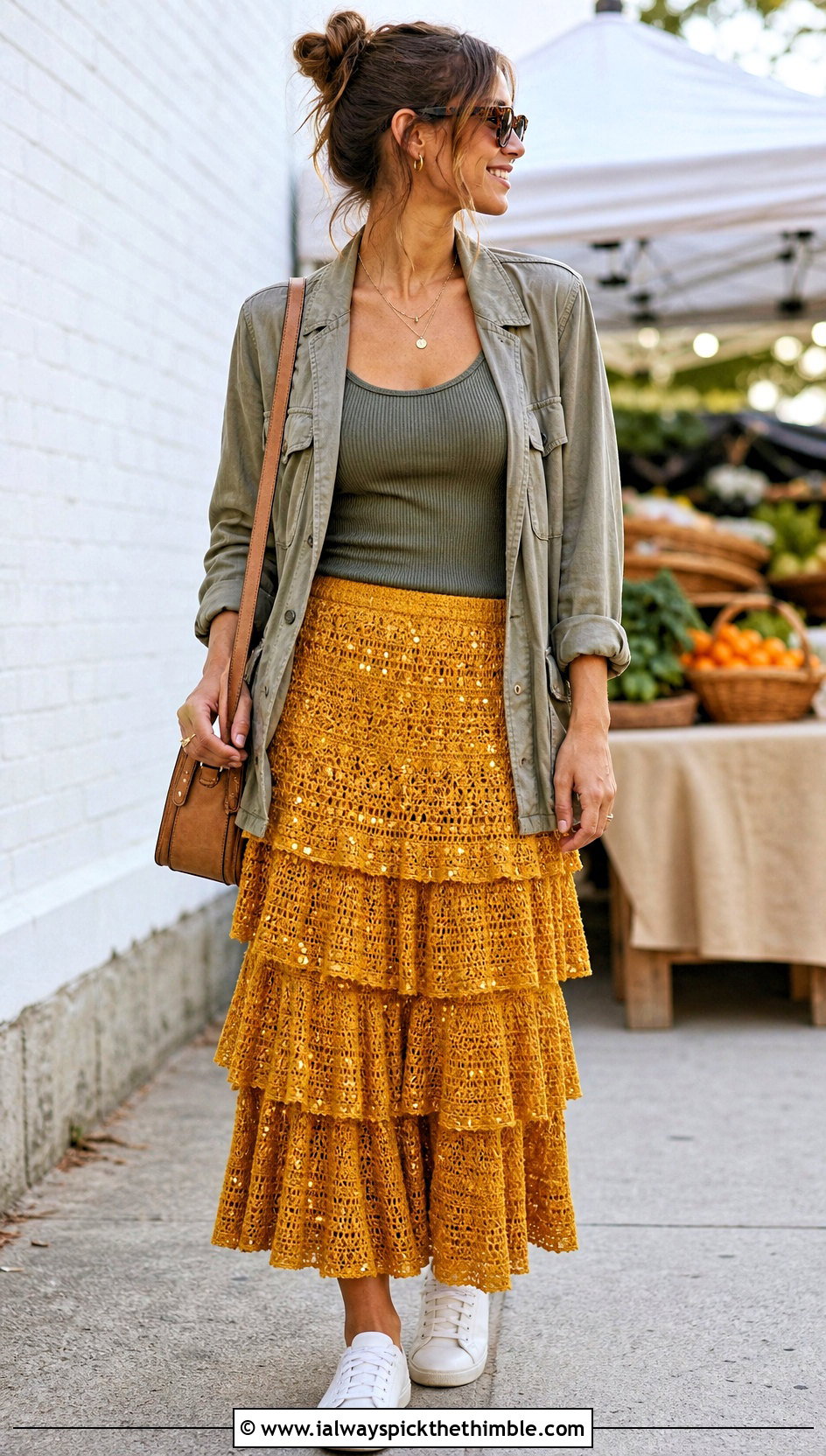 Sequin Crochet Tiered Skirt With Utility Jacket - 20 sequin crochet skirt outfit ideas
