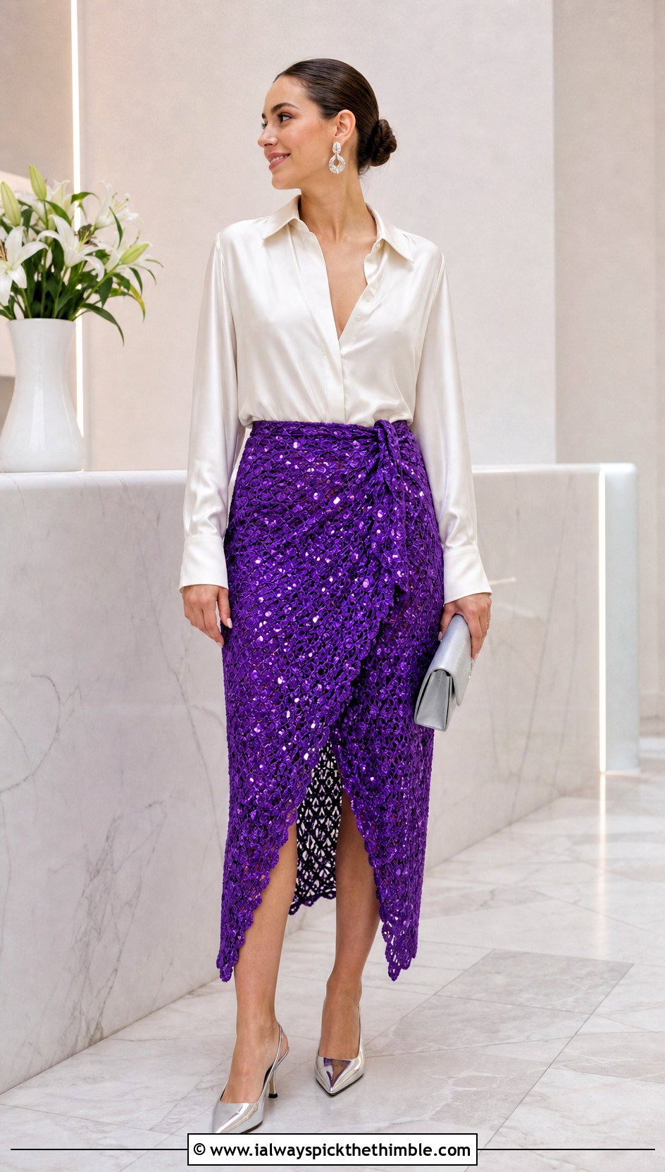 Sequin Crochet Wrap Skirt With Satin Blouse - 20 sequin crochet skirt outfit ideas