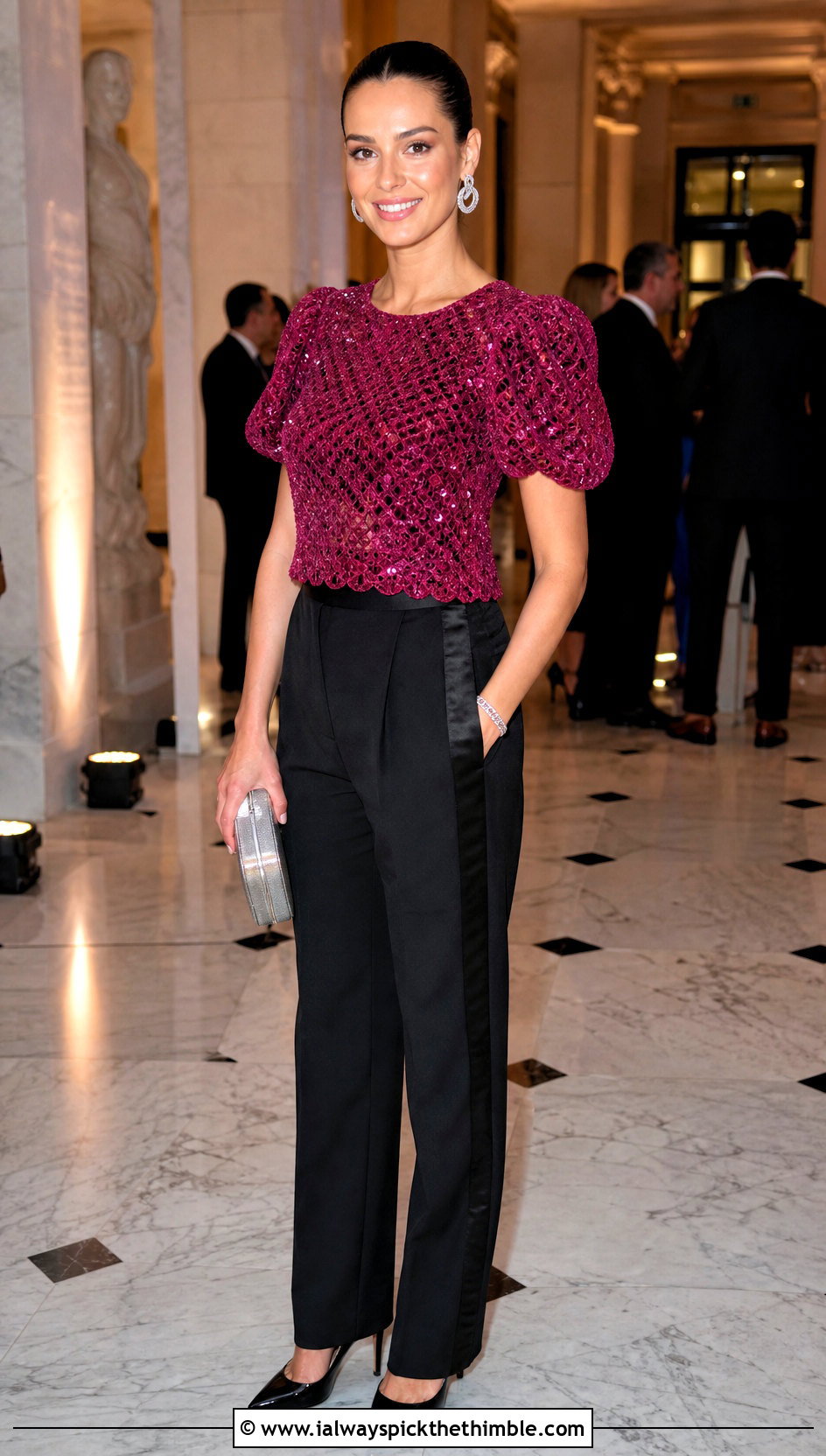 Sequined Crochet Puff Sleeve Top With Tuxedo Pants - 25 crochet puff sleeve top outfit ideas