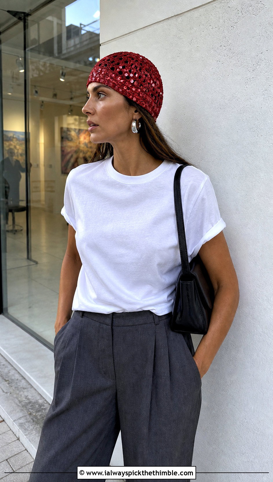 Sequined Crochet Skull Cap With T Shirt And Pleated Trousers - 25 crochet skull cap outfit ideas