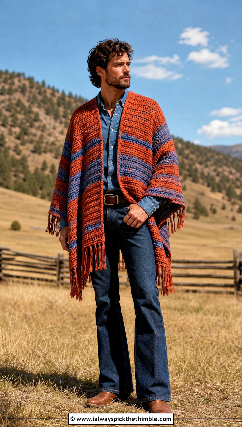 Serape Crochet Poncho With Western Denim - 20 mens crochet poncho outfit ideas