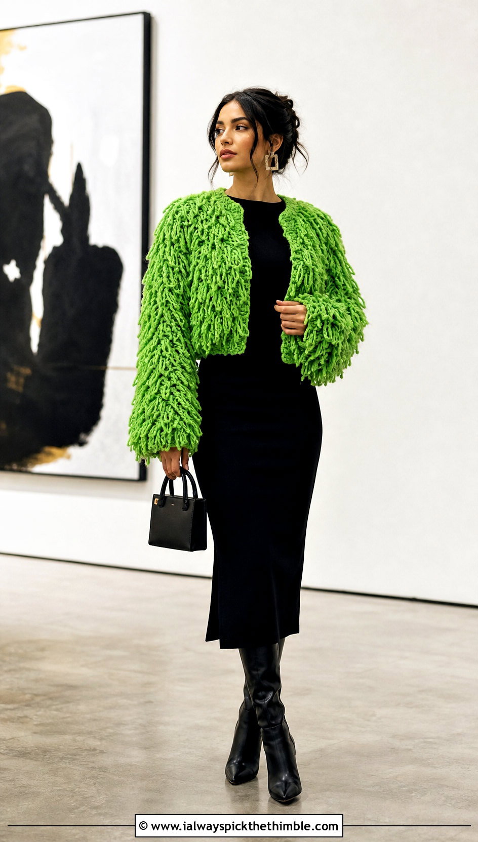 Shaggy Crochet Jacket With Black Column Dress - 20 fluffy crochet clothes and outfit ideas