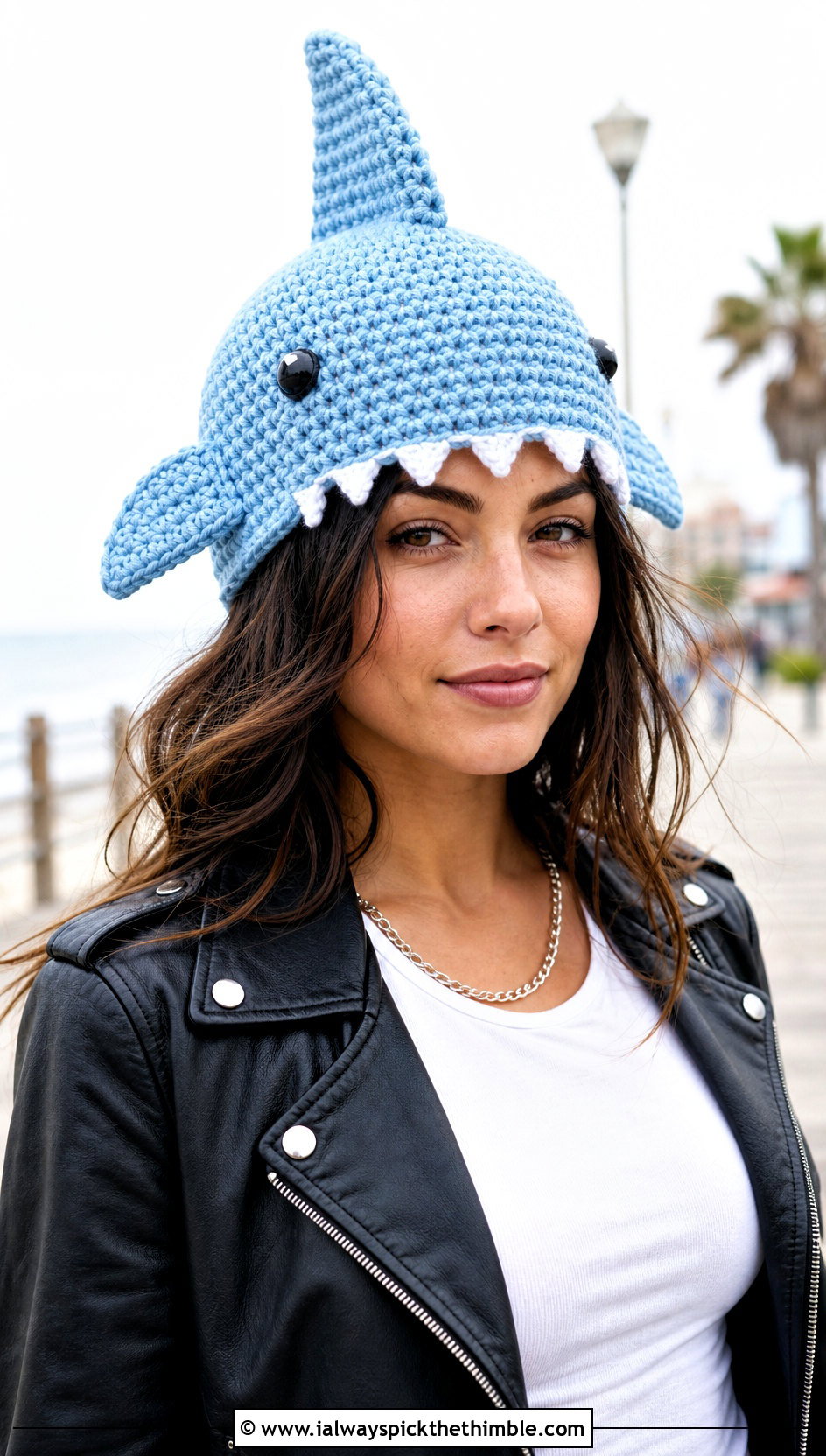 Shark Fin Crochet Beanie With A Leather Jacket - 20 crochet funny hats outfit ideas