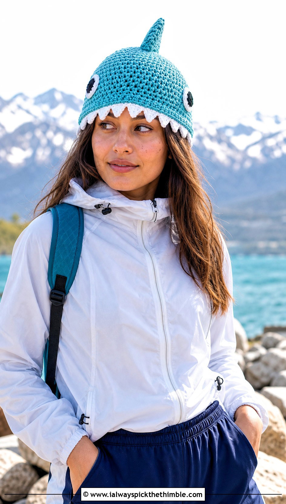Shark Fin Crochet Hat With Windbreaker And Track Pants - 20 funny crochet hat outfit ideas