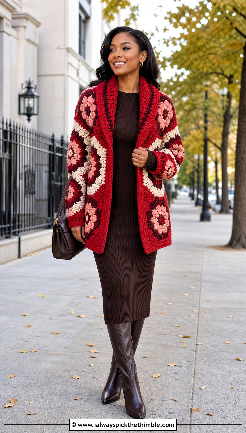 Shawl Collar African Flower Crochet Cardigan With Knit Dress - 20 african flower crochet cardigan outfit ideas